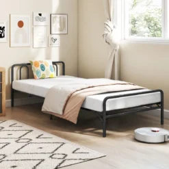 Klappbares Bettgestell mit Matratze Tragbares Klappbett mit Kopf- & Fußteil Plattformbett Schwarz 200 x 90 cm