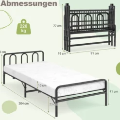 Klappbares Bettgestell mit Matratze Tragbares Klappbett mit Kopf- & Fußteil Plattformbett Schwarz 200 x 90 cm