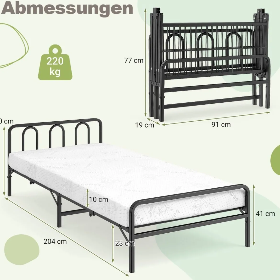 Klappbares Bettgestell mit Matratze Tragbares Klappbett mit Kopf- & Fußteil Plattformbett Schwarz 200 x 90 cm
