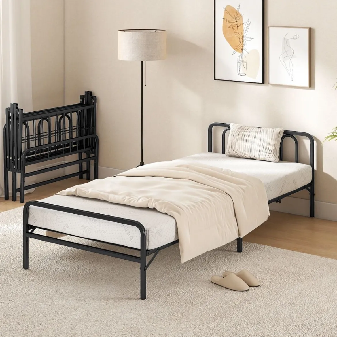 Klappbares Bettgestell mit Matratze Tragbares Klappbett mit Kopf- & Fußteil Plattformbett Schwarz 200 x 90 cm