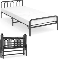 Klappbares Bettgestell mit Matratze Tragbares Klappbett mit Kopf- & Fußteil Plattformbett Schwarz 200 x 90 cm