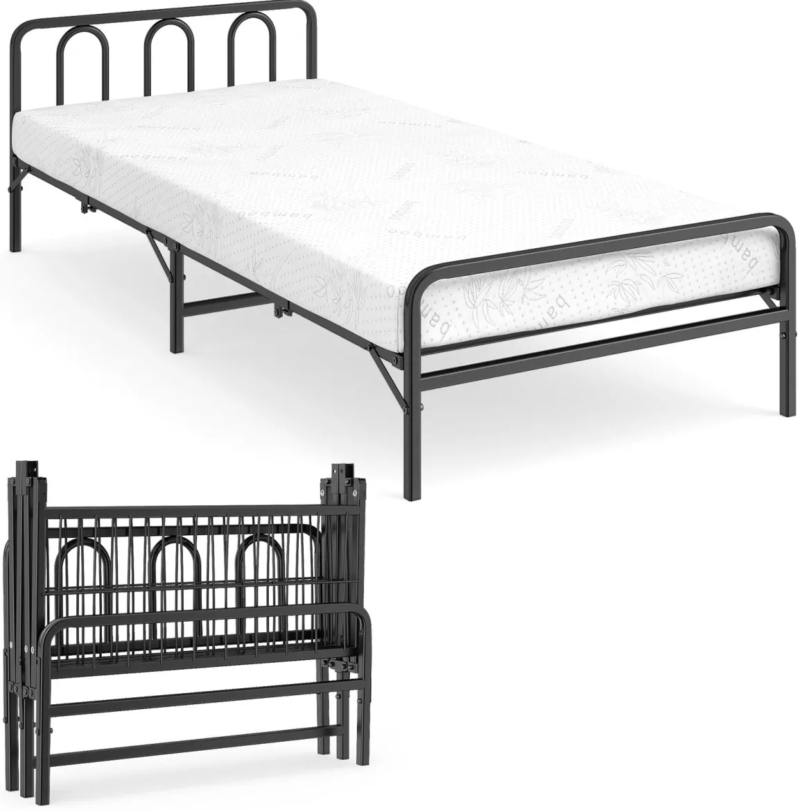 Klappbares Bettgestell mit Matratze Tragbares Klappbett mit Kopf- & Fußteil Plattformbett Schwarz 200 x 90 cm