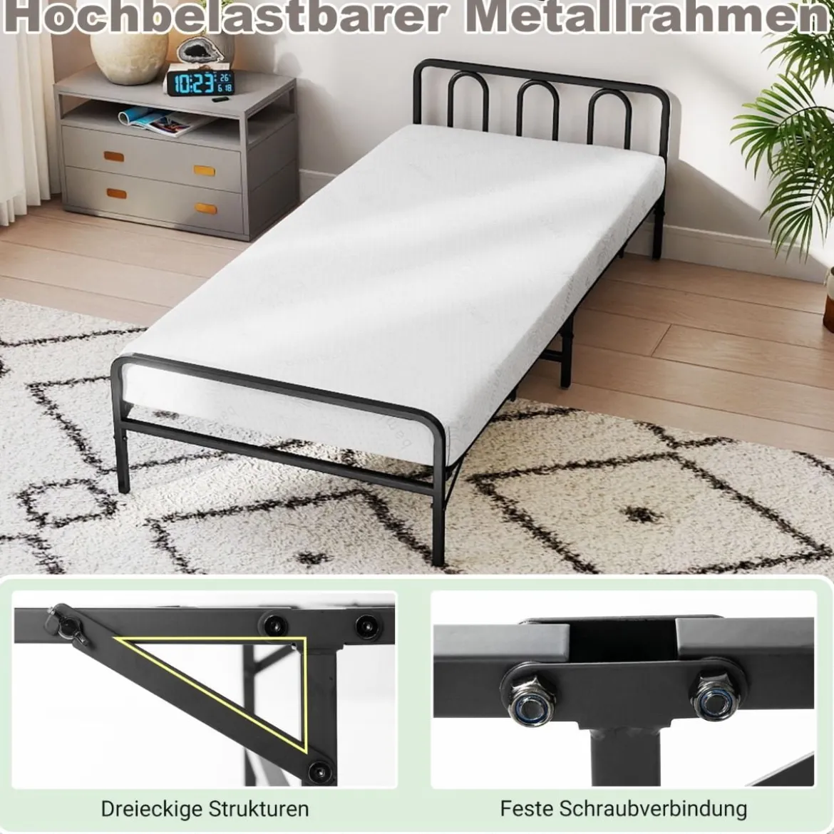 Klappbares Bettgestell mit Matratze Tragbares Klappbett mit Kopf- & Fußteil Plattformbett Schwarz 200 x 90 cm