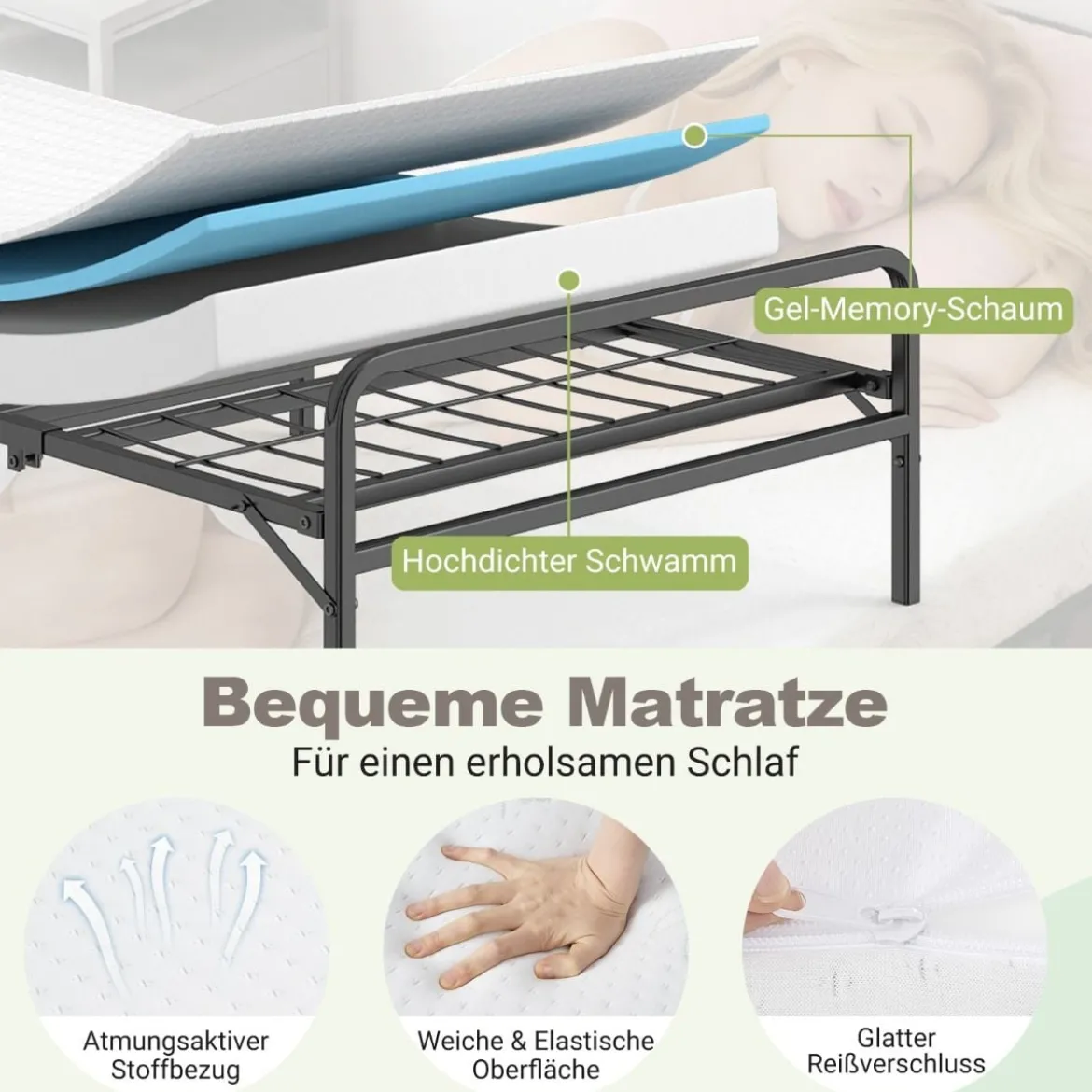 Klappbares Bettgestell mit Matratze Tragbares Klappbett mit Kopf- & Fußteil Plattformbett Schwarz 200 x 90 cm