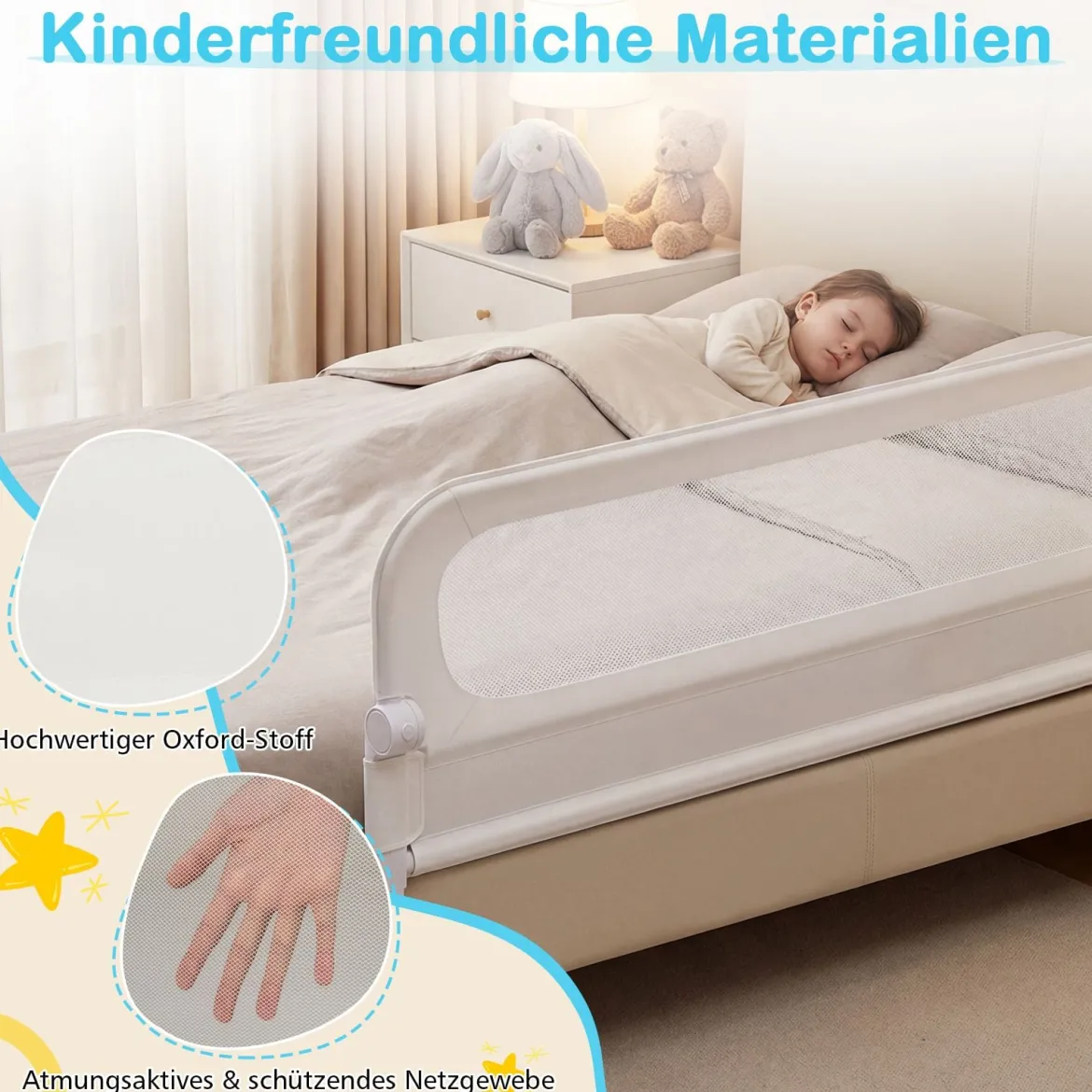 Klappbares Bettgitter für Kleinkinder verstellbares Baby-Bettgitter mit abnehmbarem Oxford-Stoffbezug Weiß