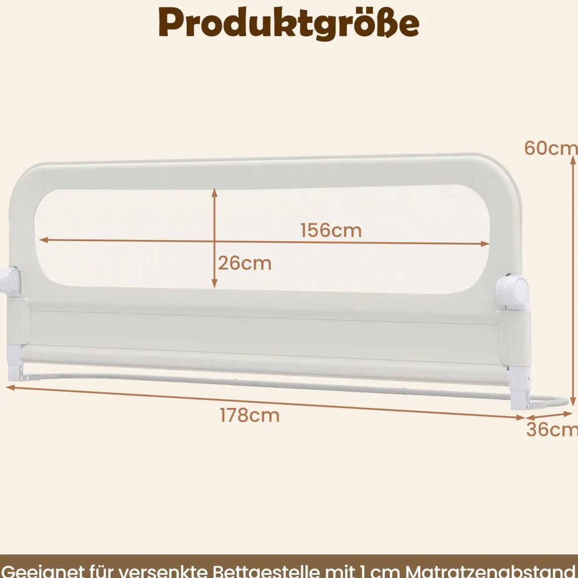 Klappbares Bettgitter für Kleinkinder verstellbares Baby-Bettgitter mit abnehmbarem Oxford-Stoffbezug Weiß 178 cm x 36 cm x 60 cm