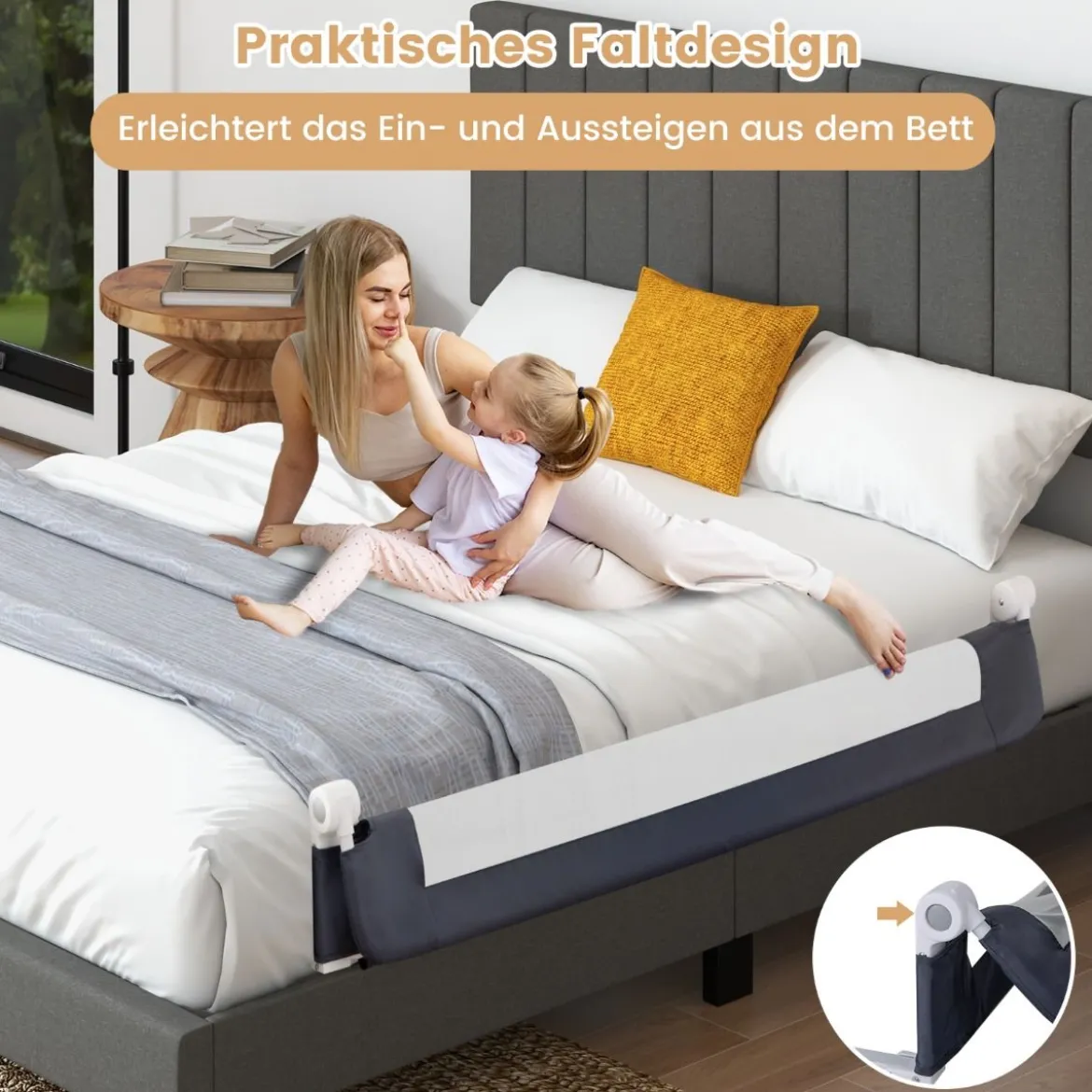 Klappbares Bettgitter mit Verstellbarer & EIN-klick-Faltung Gurte Bettschutzgitter 150 x 42cm