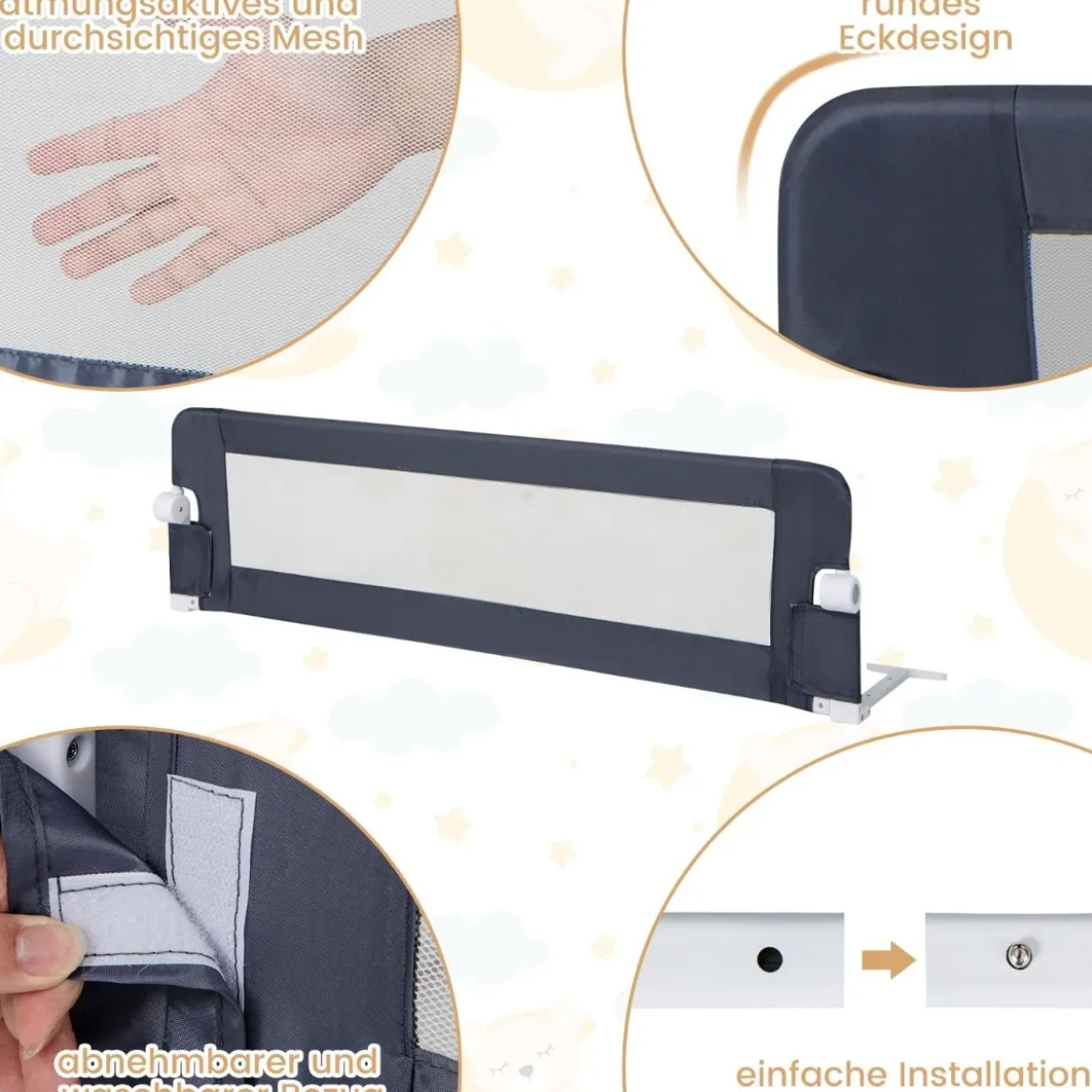 Klappbares Bettgitter mit Verstellbarer & EIN-klick-Faltung Gurte Bettschutzgitter 150 x 42cm
