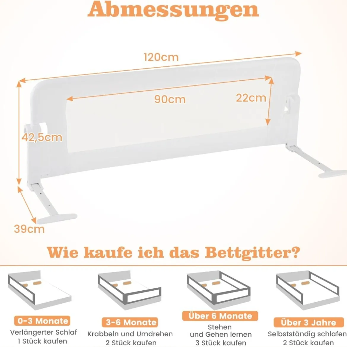 Klappbares Bettgitter mit Verstellbaren Riemen Bettschutzgitter 121 x 40,5 x 42 cm