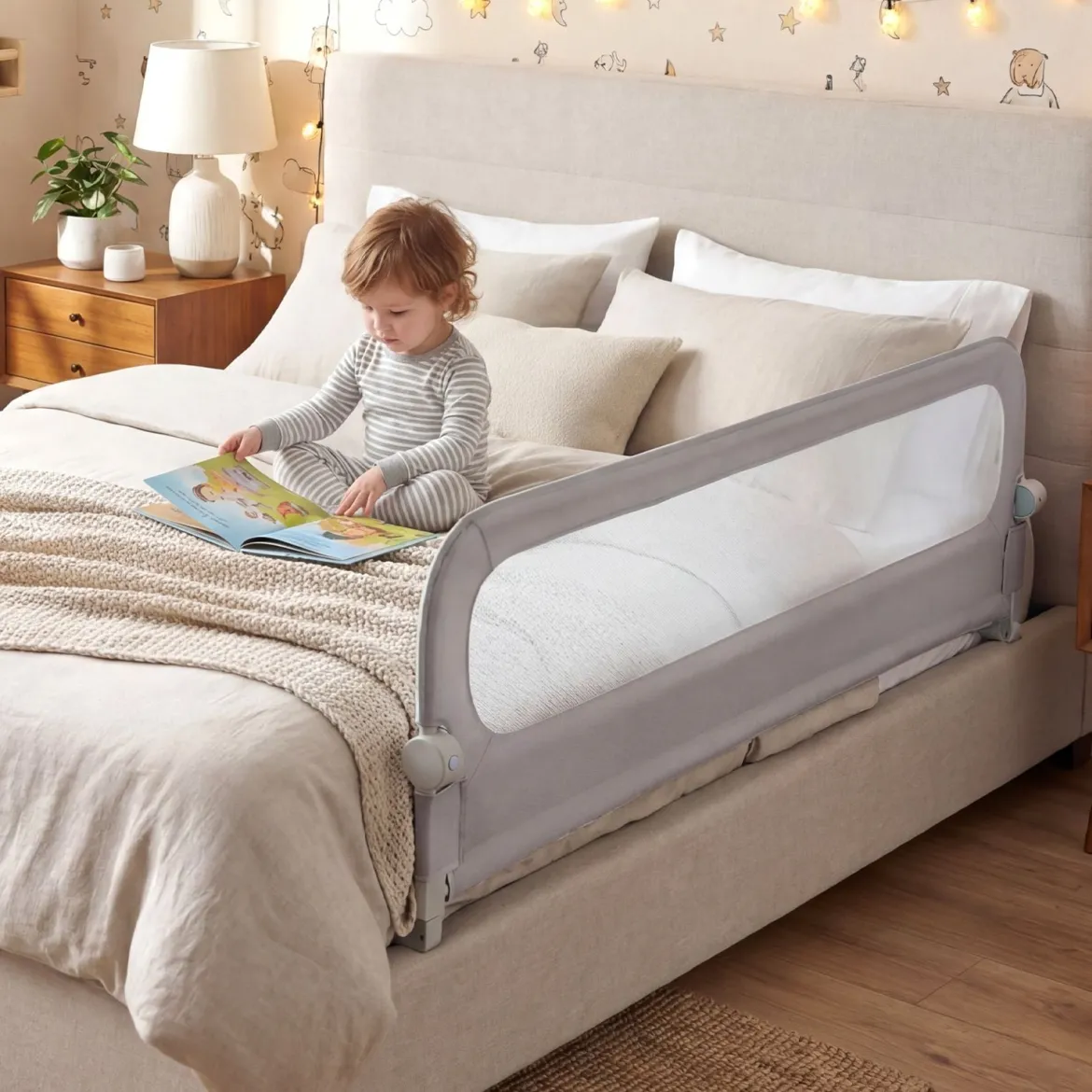 Klappbares Bettgitter 198 x 60 cm+Klappbares Bettgitter mit Abnehmbarem Oxford-Stoffbezug Grau