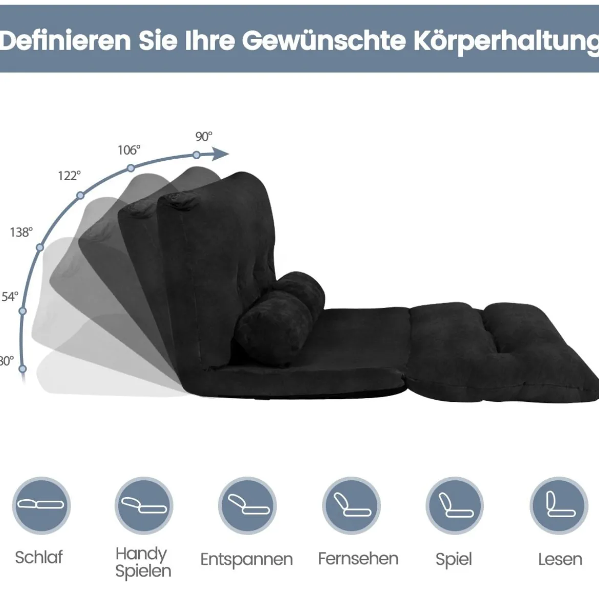 Klappbares Bodensofa Sofabett mit 2 Kissen & Rückenlehne 6-stufig Einstellbares Bodensessel Schwarz