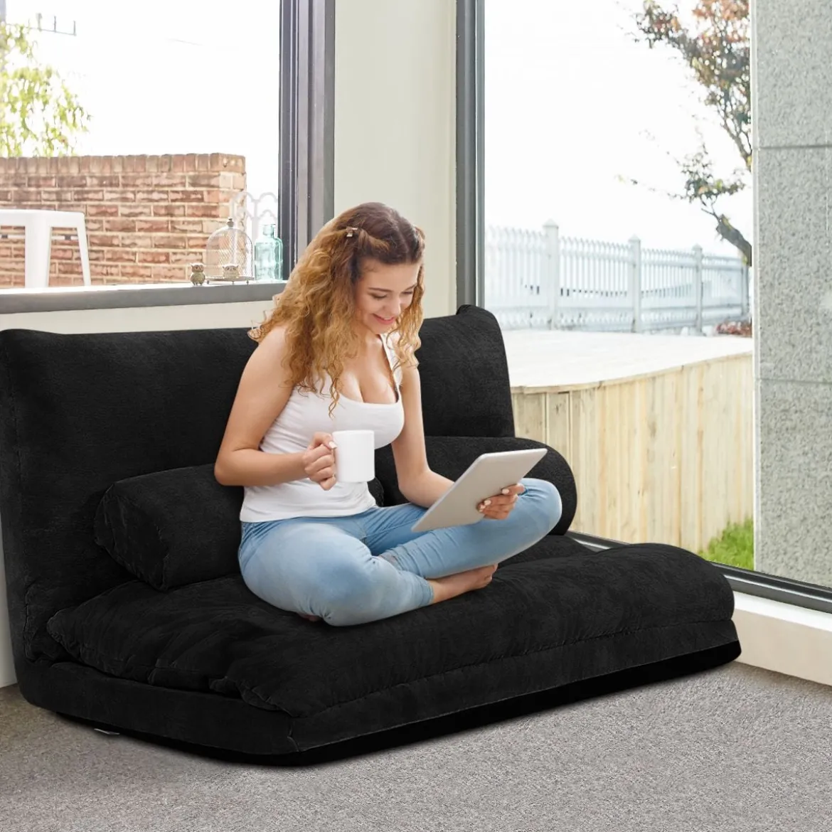 Klappbares Bodensofa Sofabett mit 2 Kissen & Rückenlehne 6-stufig Einstellbares Bodensessel Schwarz