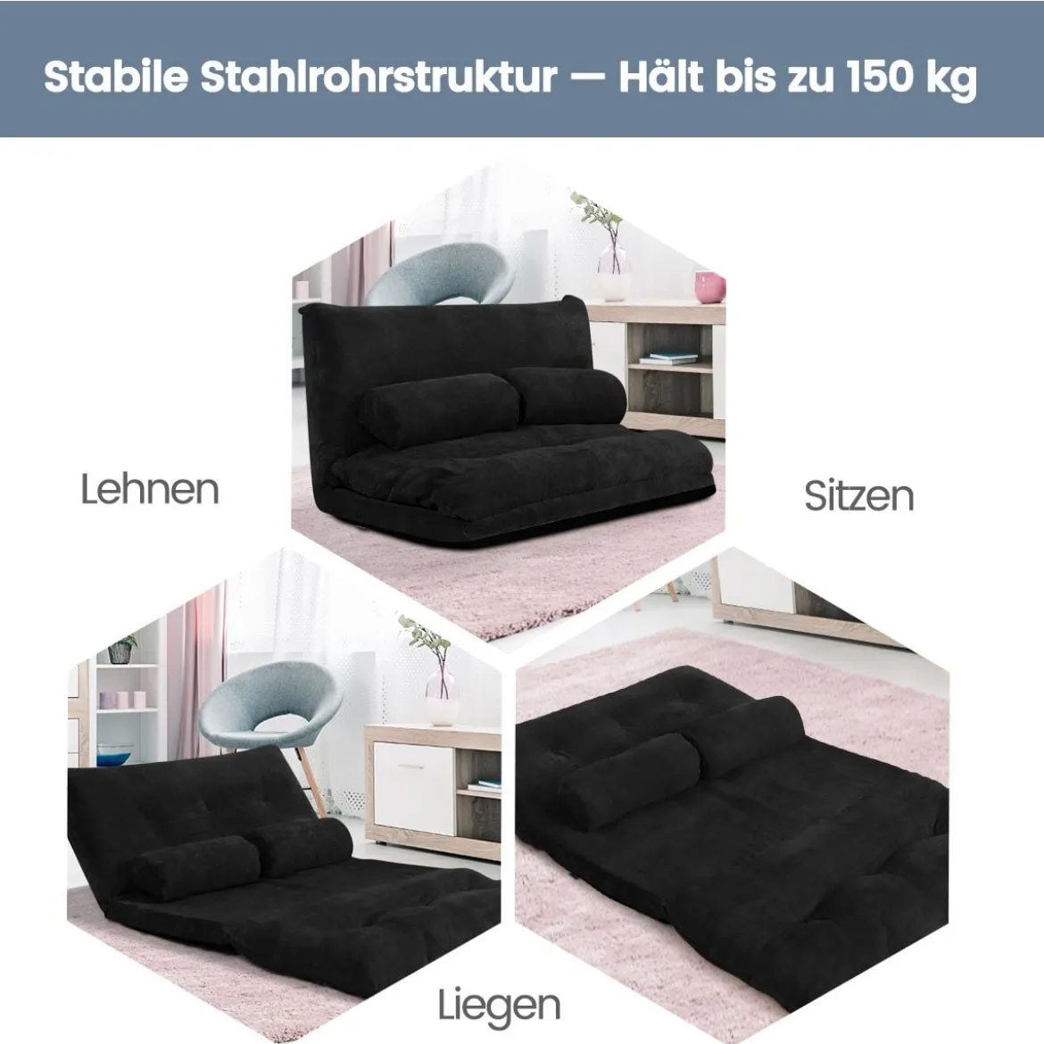 Klappbares Bodensofa Sofabett mit 2 Kissen & Rückenlehne 6-stufig Einstellbares Bodensessel Schwarz