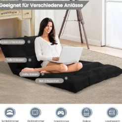 Klappbares Bodensofa Sofabett mit 2 Kissen & Rückenlehne 6-stufig Einstellbares Bodensessel Schwarz