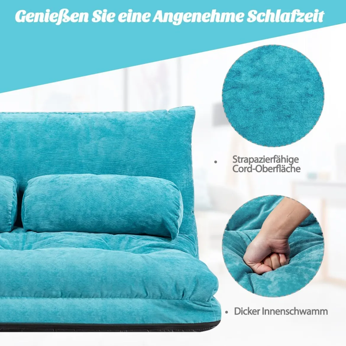 Klappbares Bodensofa Sofabett mit 2 Kissen & Rückenlehne 6-stufig Einstellbares Bodensessel Blau