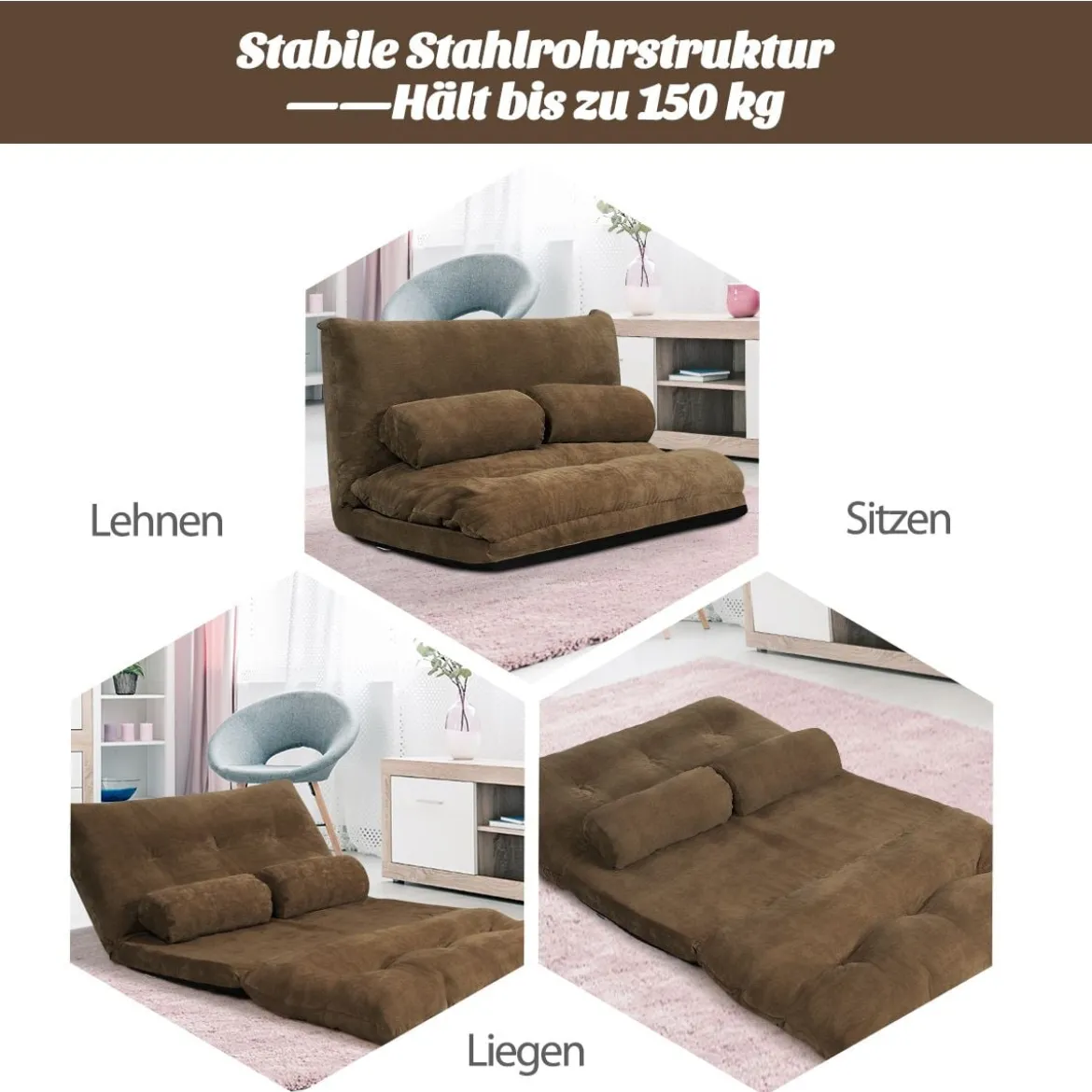Klappbares Bodensofa Sofabett mit 2 Kissen & Rückenlehne 6-stufig Einstellbares Bodensessel Braun