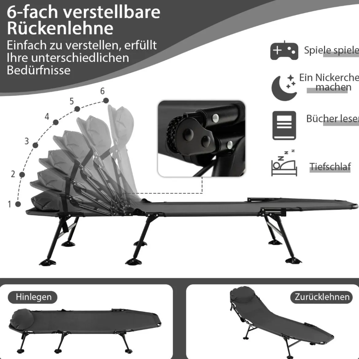 Klappbares Campingbett mit Abnehmbarer Matratze 194 x 66 x 29 cm Grau
