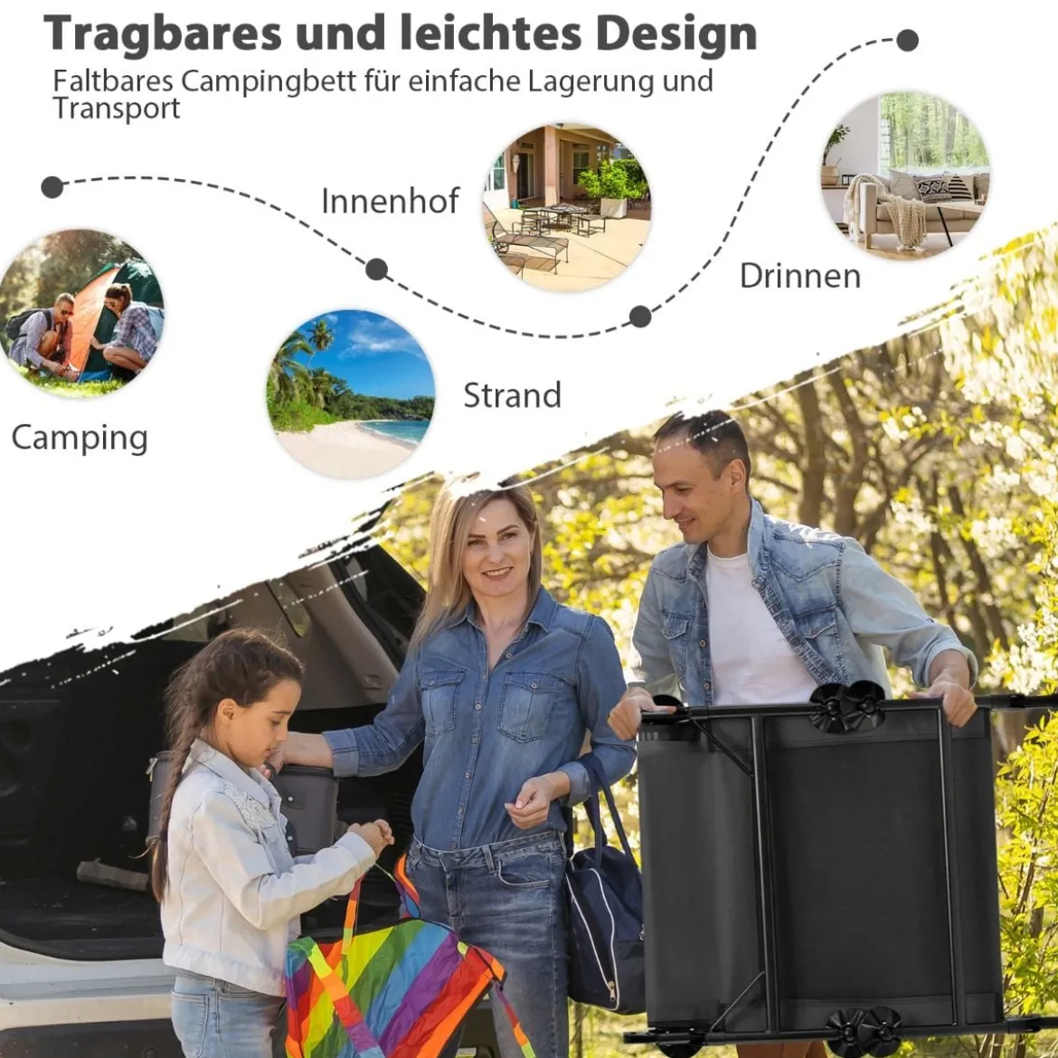 Klappbares Campingbett mit Abnehmbarer Matratze 194 x 66 x 29 cm Grau