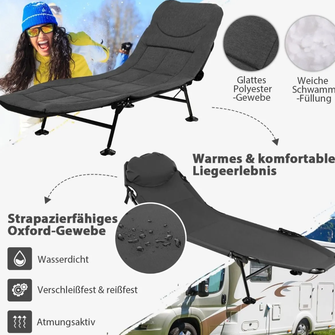 Klappbares Campingbett mit Abnehmbarer Matratze 194 x 66 x 29 cm Grau