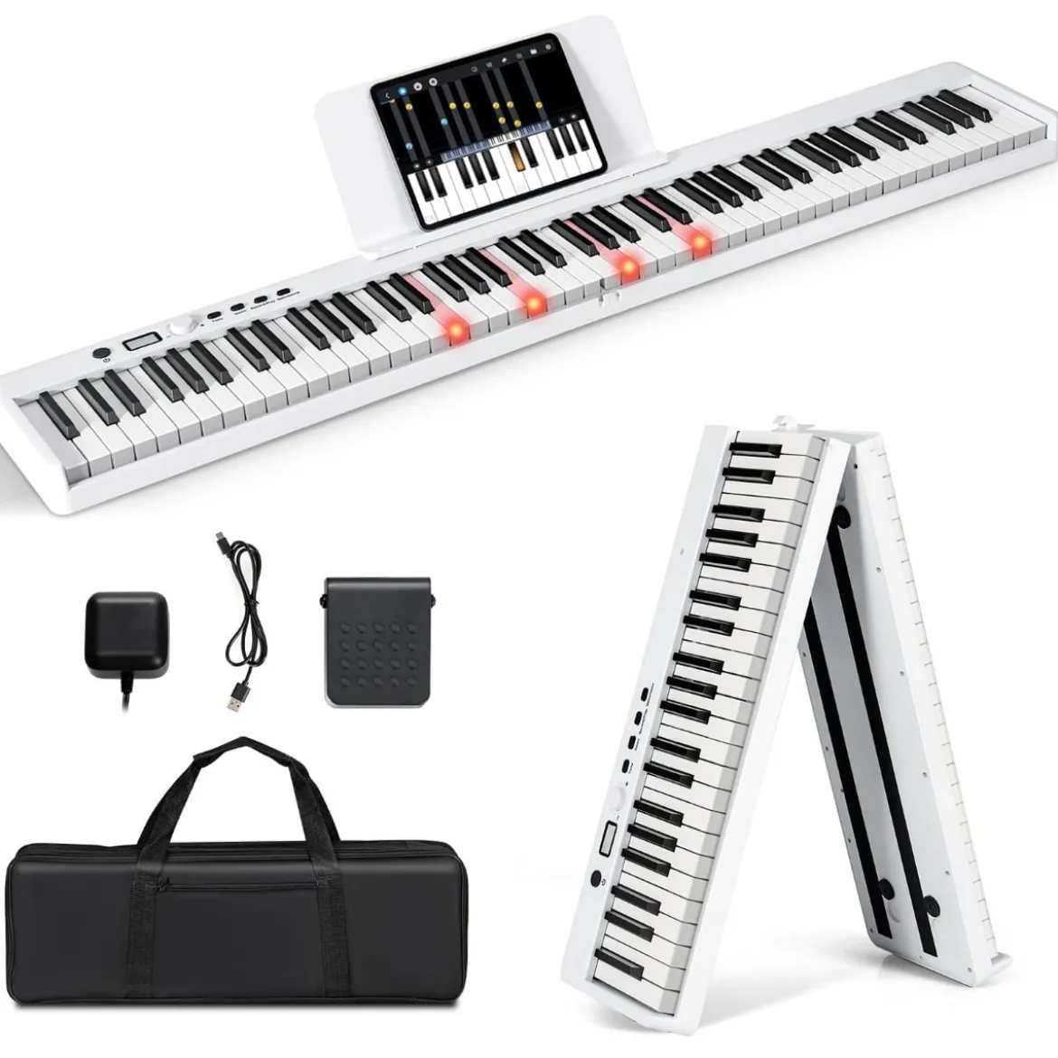 Klappbares E-Keyboard Faltbar mit 88 Beleuchteten Tasten Digitale Keyboard Digitale Keyboard Weiß