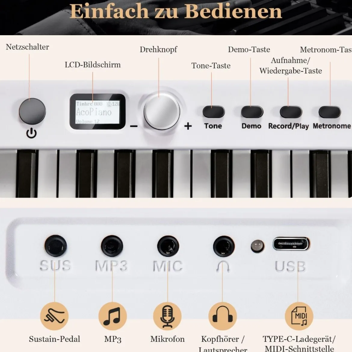 Klappbares E-Keyboard Faltbar mit 88 Beleuchteten Tasten Digitale Keyboard Digitale Keyboard Weiß