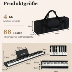 Klappbares E-Keyboard Faltbar mit 88 Beleuchteten Tasten Digitale Keyboard Digitale Keyboard Schwarz