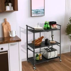 Klappbare Servierwagen mit 4 Rollen 3 Etagen Metallregal für Küche Büro Schwarz