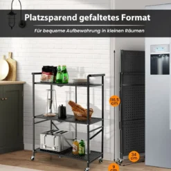 Klappbare Servierwagen mit 4 Rollen 3 Etagen Metallregal für Küche Büro Schwarz
