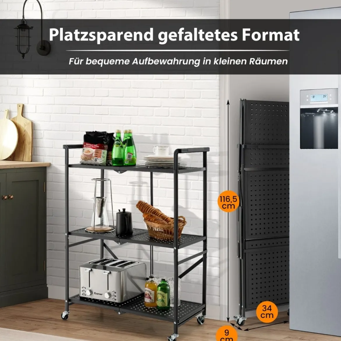 Klappbare Servierwagen mit 4 Rollen 3 Etagen Metallregal für Küche Büro Schwarz