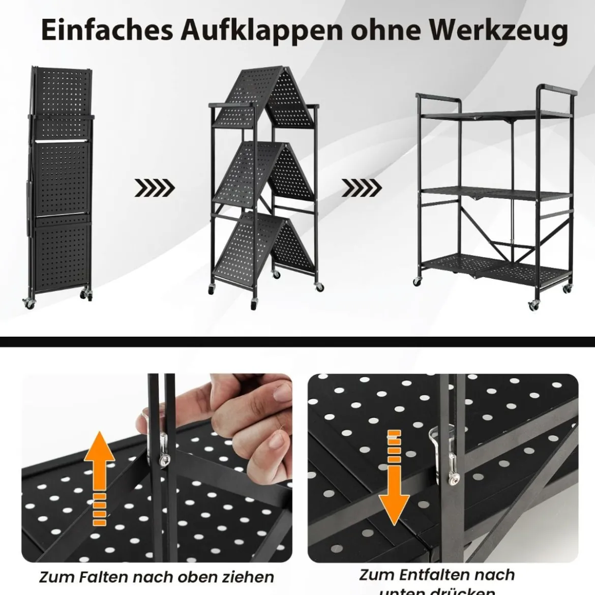 Klappbare Servierwagen mit 4 Rollen 3 Etagen Metallregal für Küche Büro Schwarz