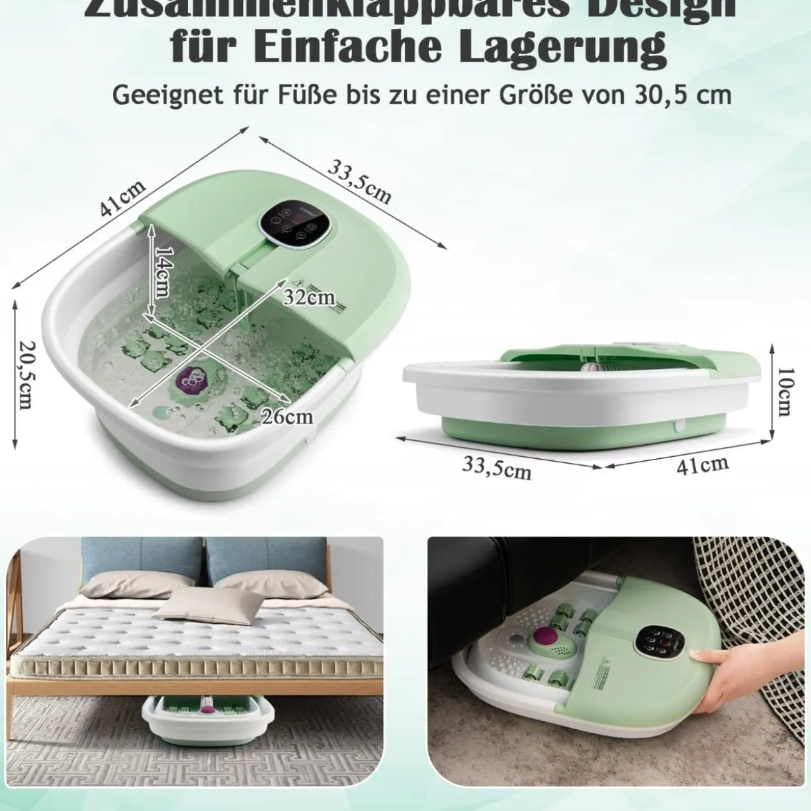 Klappbares Fußbad mit Wärme Fußbad mit Fernbedienung Massagegerät 33,5 x 41 x 20,5 cm Grün