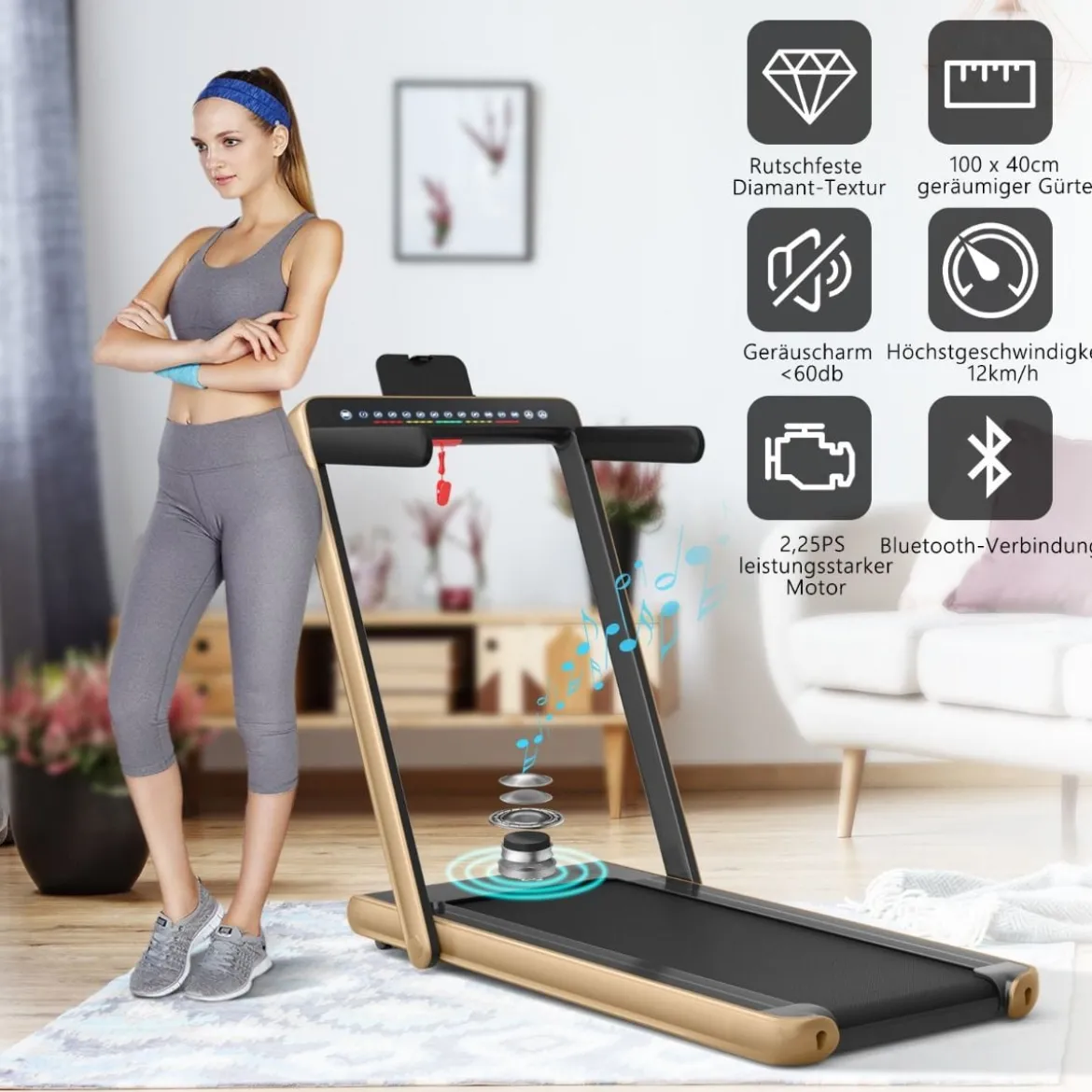 Klappbares 2-in-1-Laufband Heimtrainer mit zwei LED-Anzeigen APP & Fernbedienung Gelb
