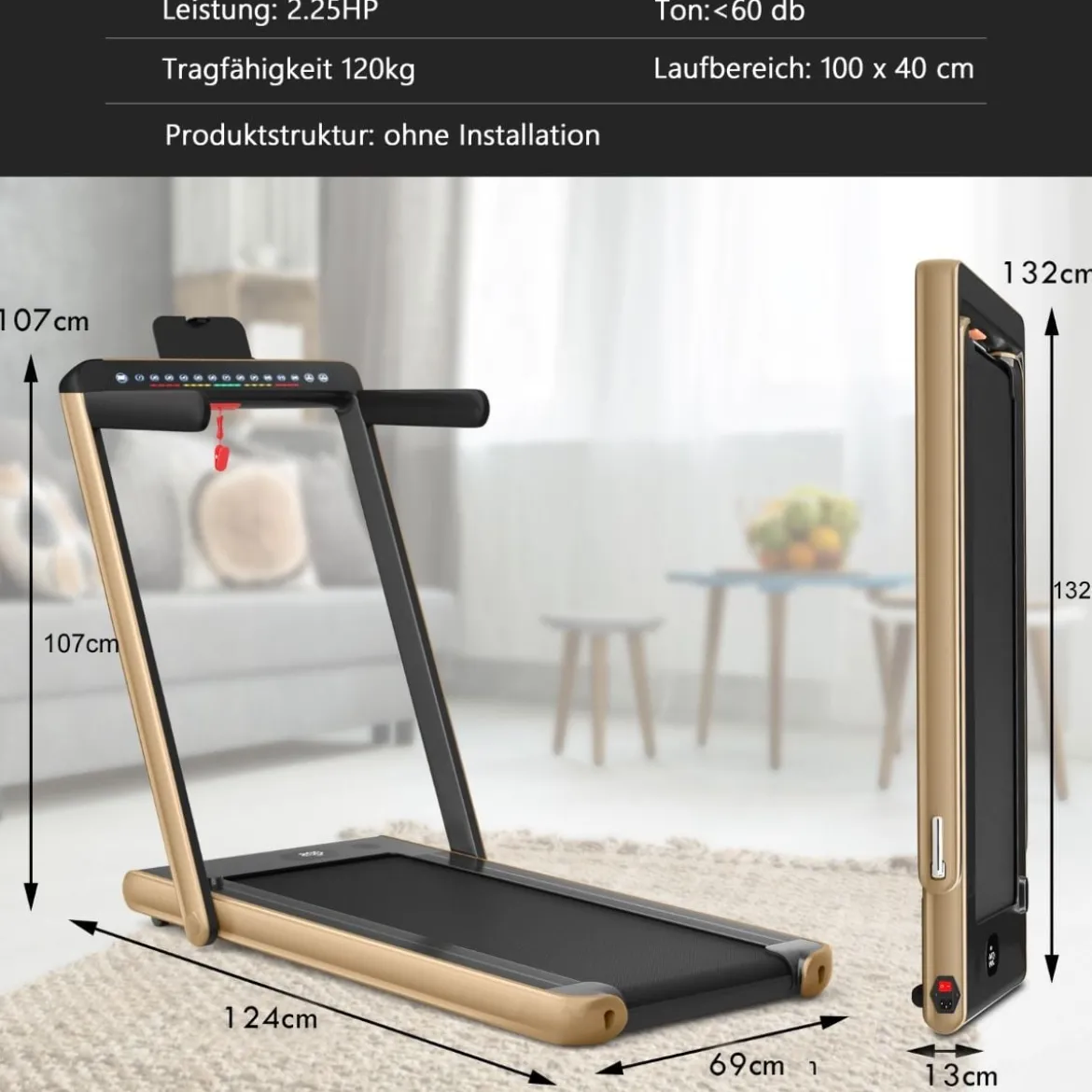 Klappbares 2-in-1-Laufband Heimtrainer mit zwei LED-Anzeigen APP & Fernbedienung Gelb