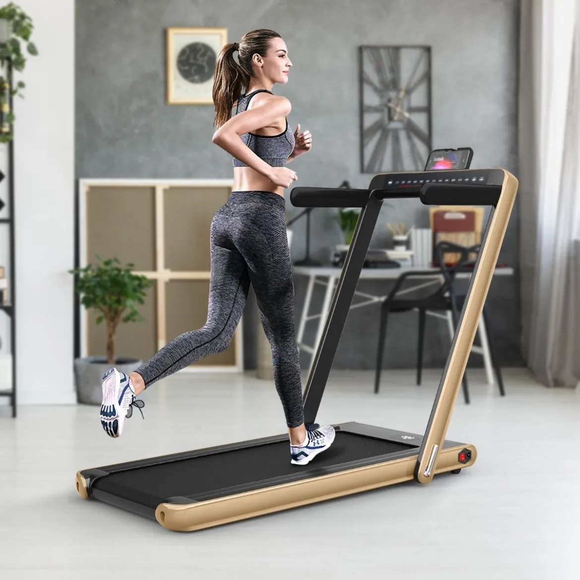 Klappbares 2-in-1-Laufband Heimtrainer mit zwei LED-Anzeigen APP & Fernbedienung Gelb