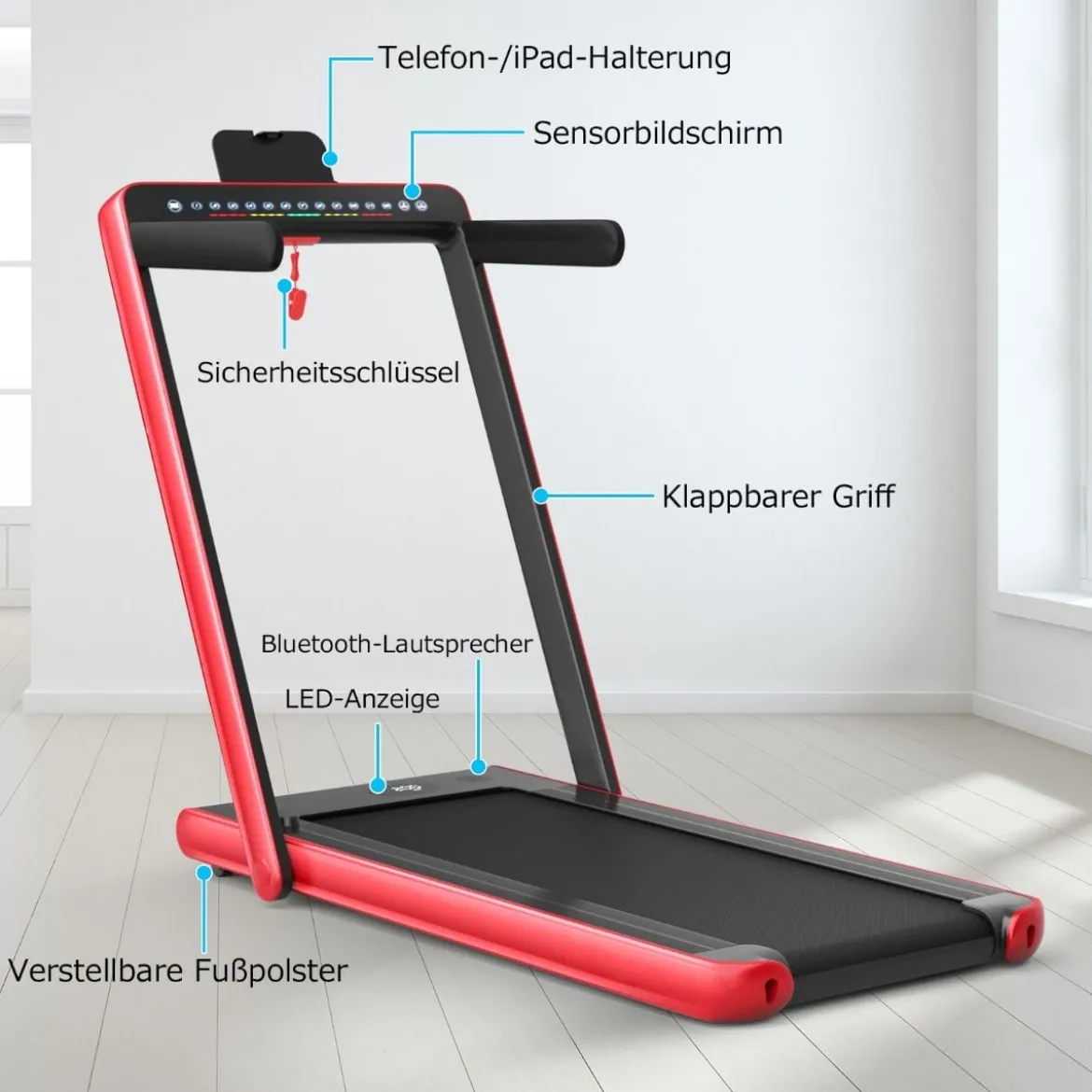 Klappbares 2-in-1-Laufband Heimtrainer mit zwei LED-Anzeigen APP & Fernbedienung Rot