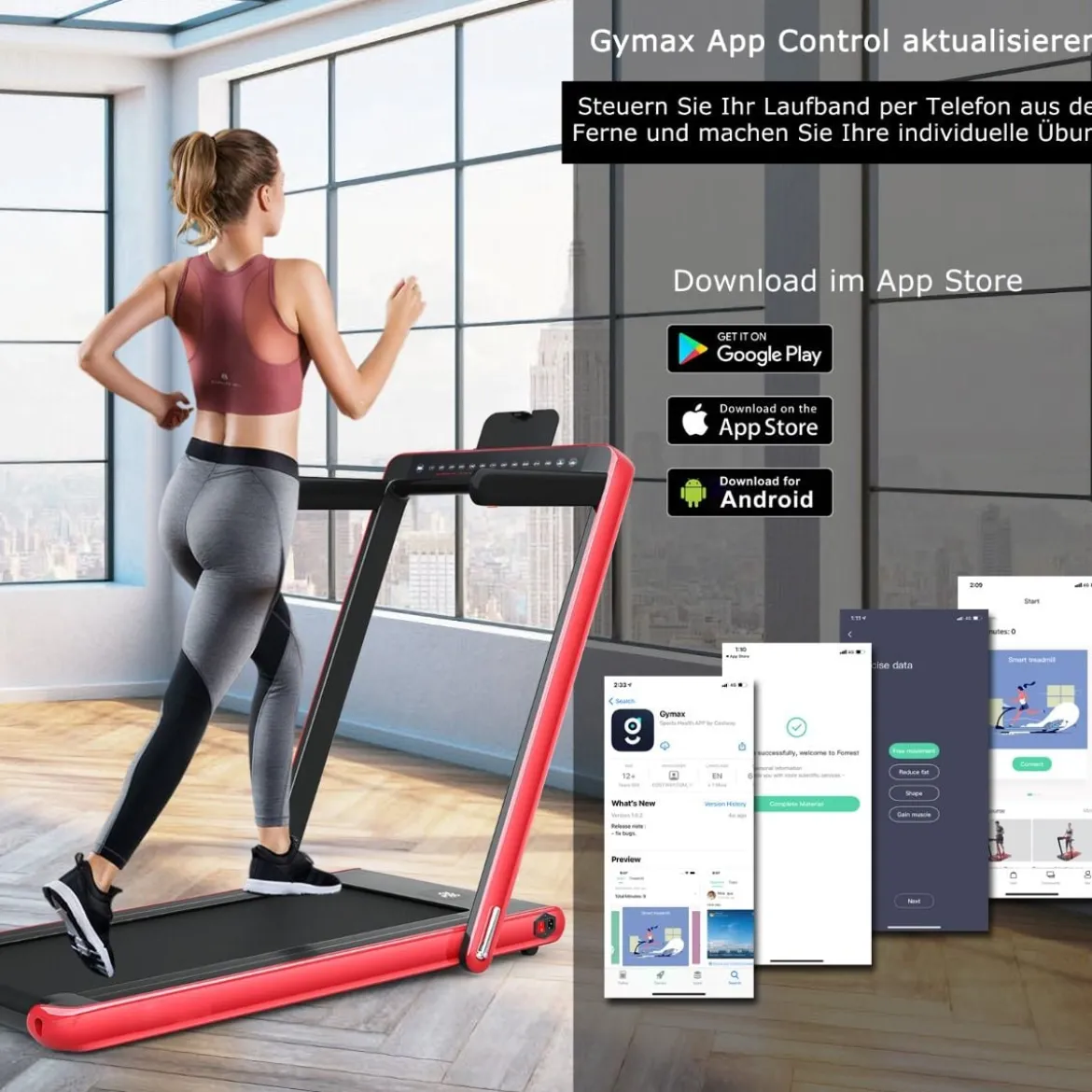 Klappbares 2-in-1-Laufband Heimtrainer mit zwei LED-Anzeigen APP & Fernbedienung Rot