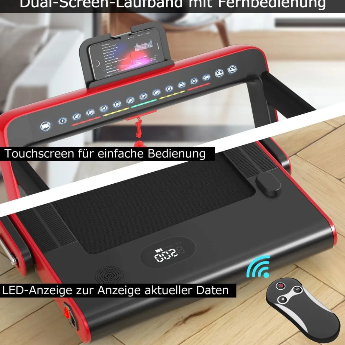 Klappbares 2-in-1-Laufband Heimtrainer mit zwei LED-Anzeigen APP & Fernbedienung Rot