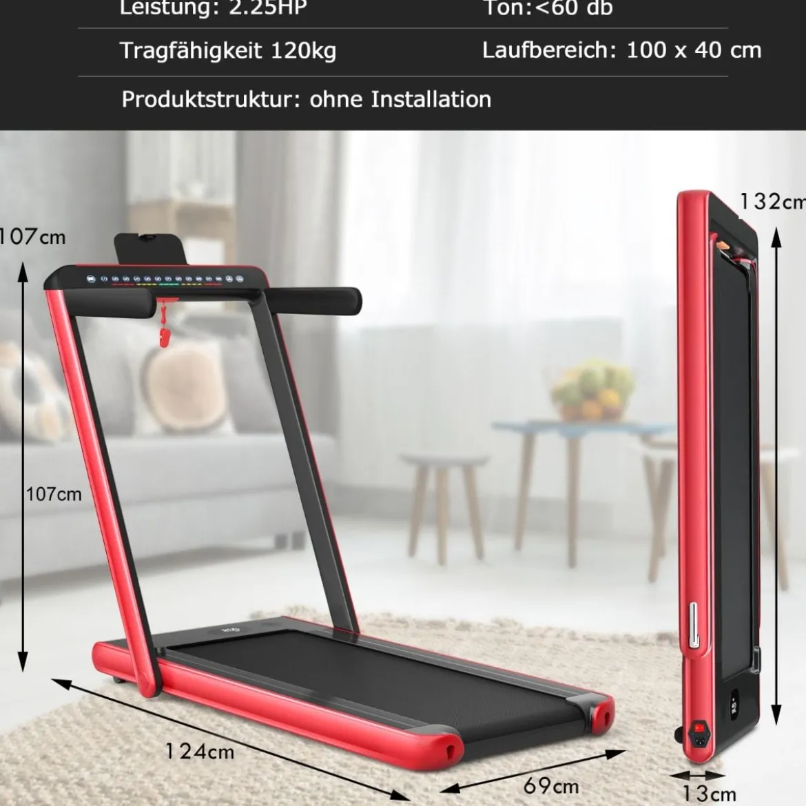 Klappbares 2-in-1-Laufband Heimtrainer mit zwei LED-Anzeigen APP & Fernbedienung Rot