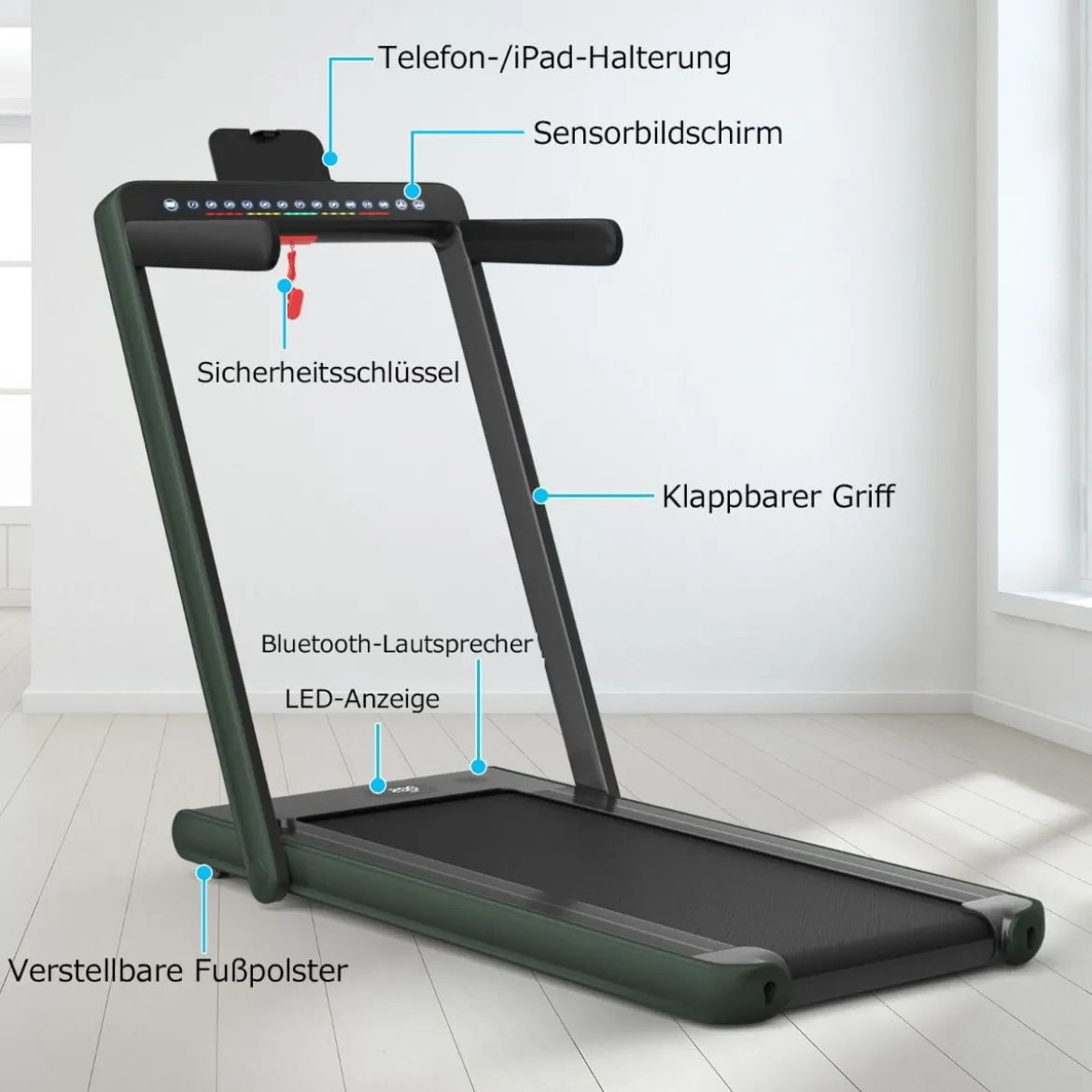 Klappbares 2-in-1-Laufband Heimtrainer mit zwei LED-Anzeigen APP & Fernbedienung Grün