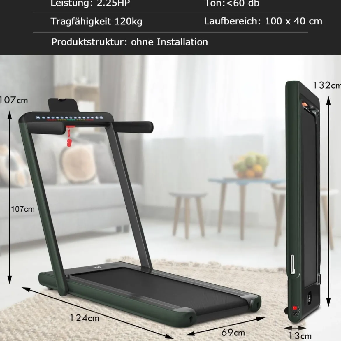Klappbares 2-in-1-Laufband Heimtrainer mit zwei LED-Anzeigen APP & Fernbedienung Grün