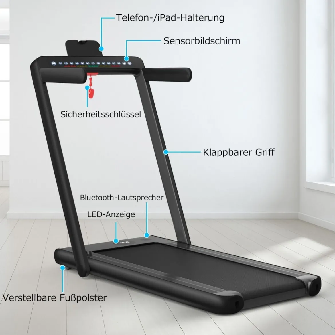 Klappbares 2-in-1-Laufband Heimtrainer mit zwei LED-Anzeigen APP & Fernbedienung Schwarz