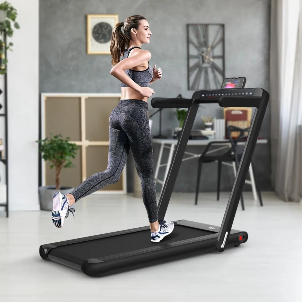 Klappbares 2-in-1-Laufband Heimtrainer mit zwei LED-Anzeigen APP & Fernbedienung Schwarz