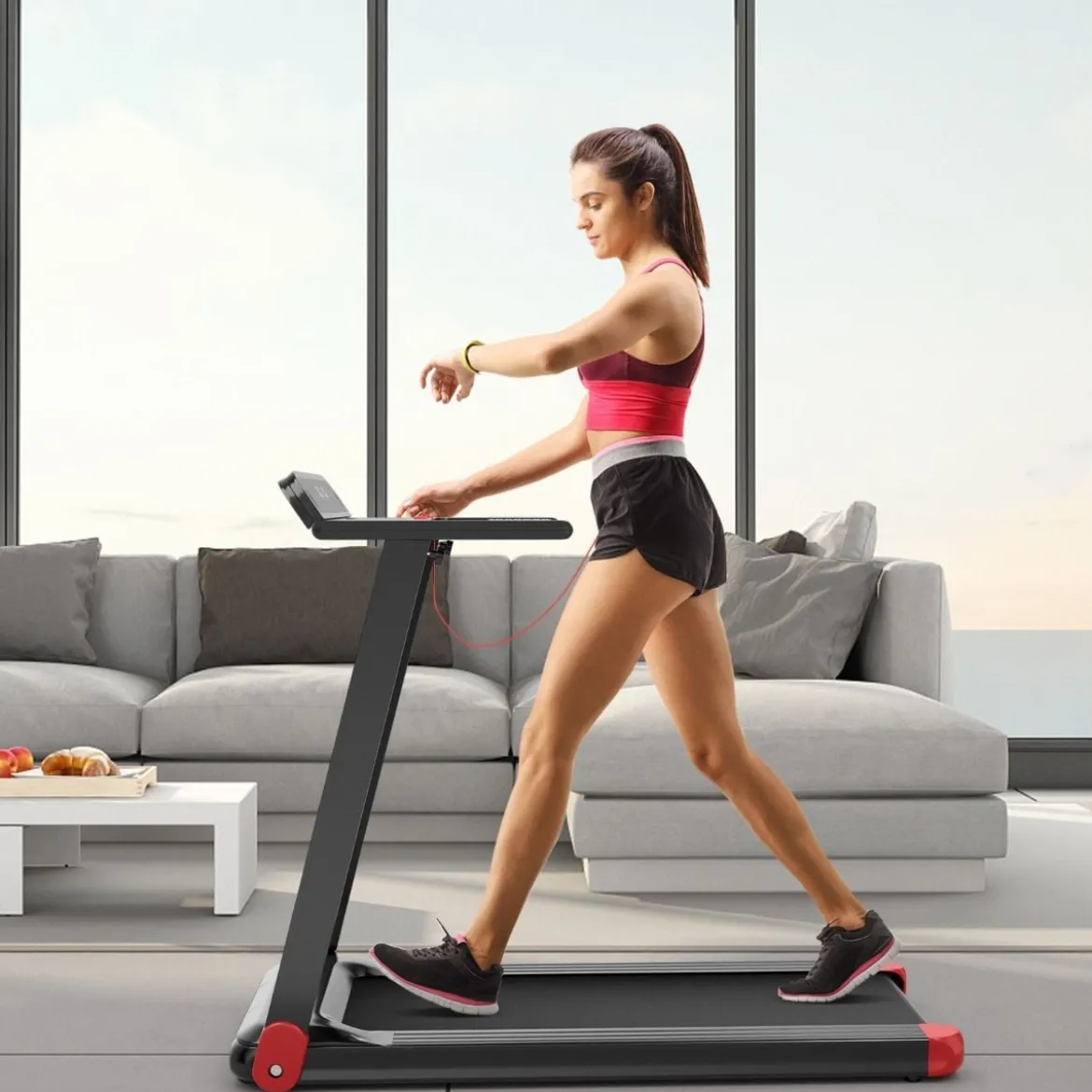 Klappbares Laufband für Zuhause mit Steuerung per App Bluetooth-Lautsprecher Rot