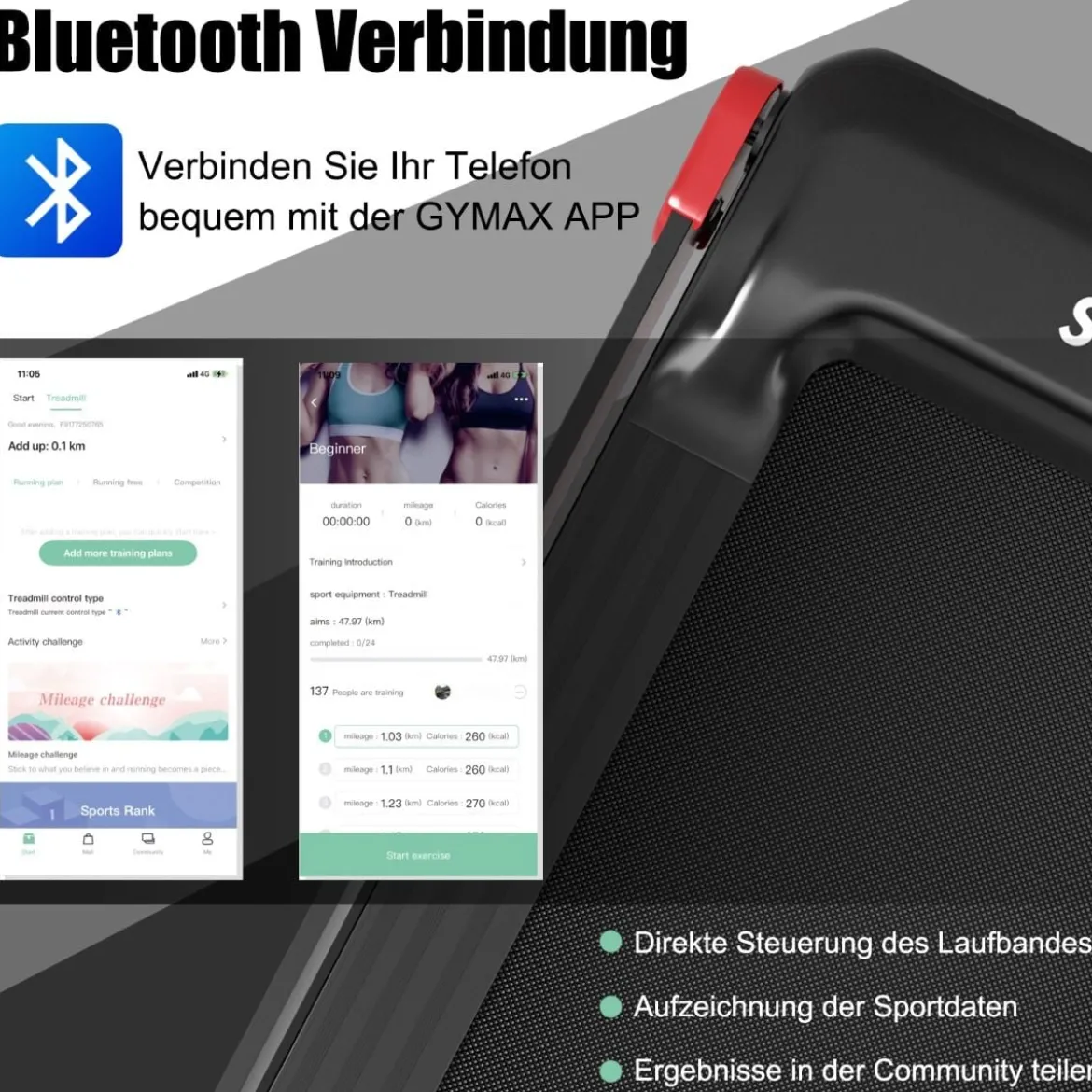 Klappbares Laufband für Zuhause mit Steuerung per App Bluetooth-Lautsprecher Rot