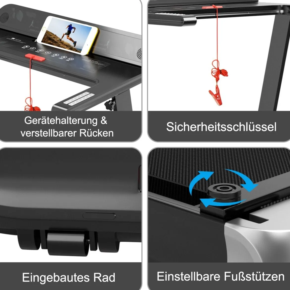 Klappbares Laufband für Zuhause mit Bluetooth-Lautsprecher & LED-Anzeige und Gerätehalter Silbern