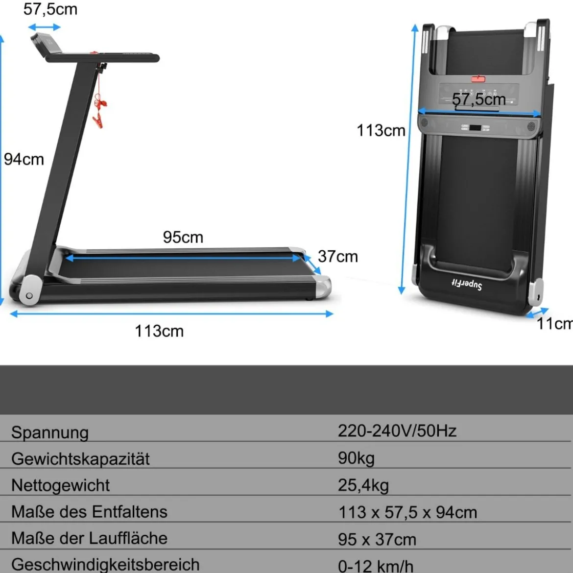 Klappbares Laufband für Zuhause mit Bluetooth-Lautsprecher & LED-Anzeige und Gerätehalter Silbern