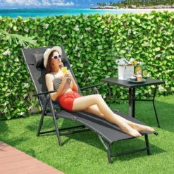 Klappbare Sonnenliege mit Kopfkissen & 8-Fach Verstellbarer Rückenlehne Gartenliege Liegestuhl