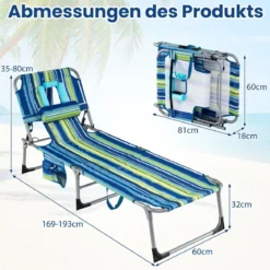 Klappbare Sonnenliege mit Loch für Kopf & Arme Gartenliege mit Verstellbarer Rückenlehne Blau Gestreift