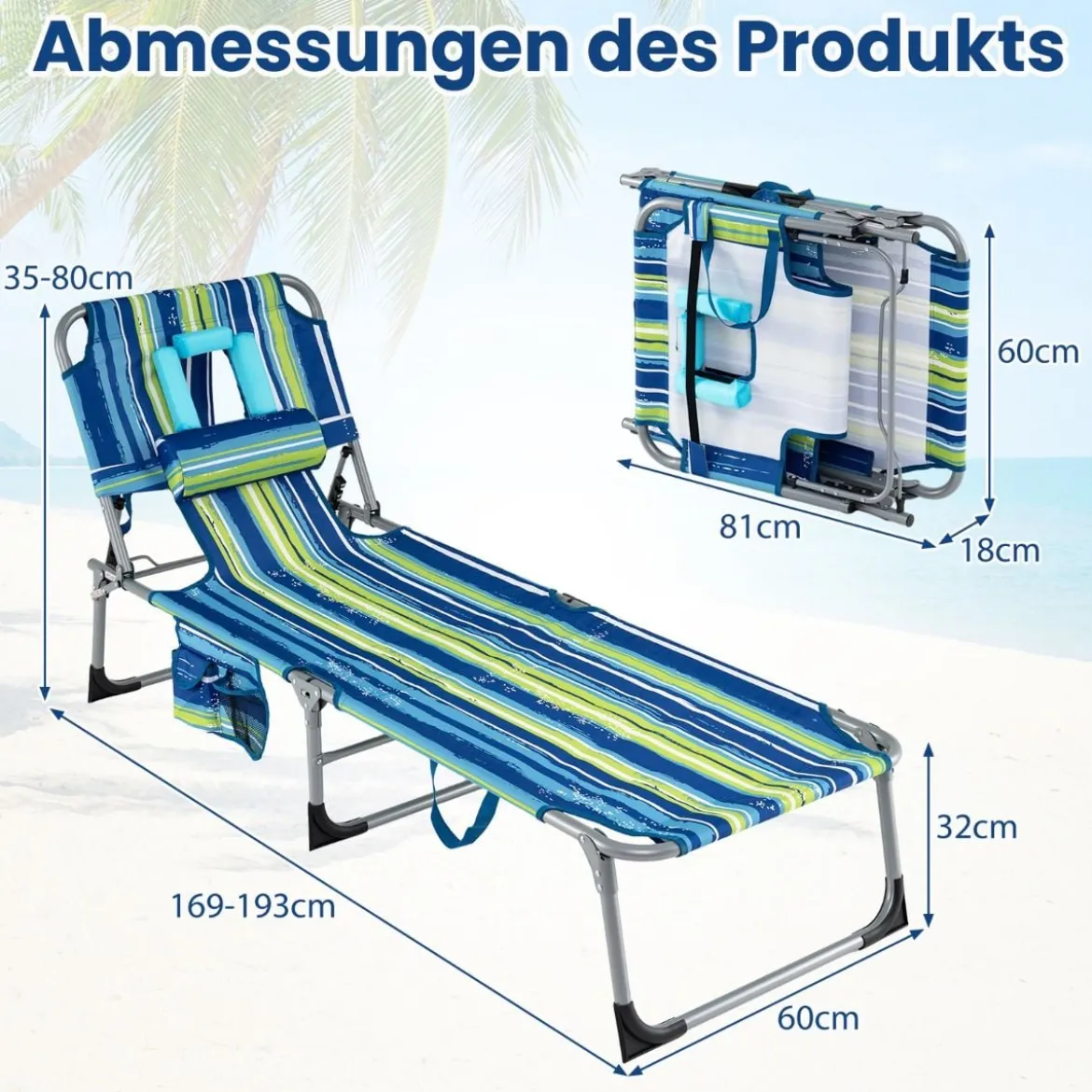 Klappbare Sonnenliege mit Loch für Kopf & Arme Gartenliege mit Verstellbarer Rückenlehne Blau Gestreift