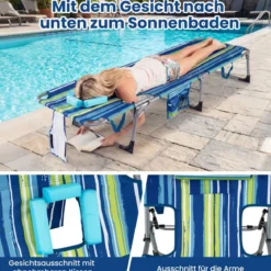 Klappbare Sonnenliege mit Loch für Kopf & Arme Gartenliege mit Verstellbarer Rückenlehne Blau Gestreift
